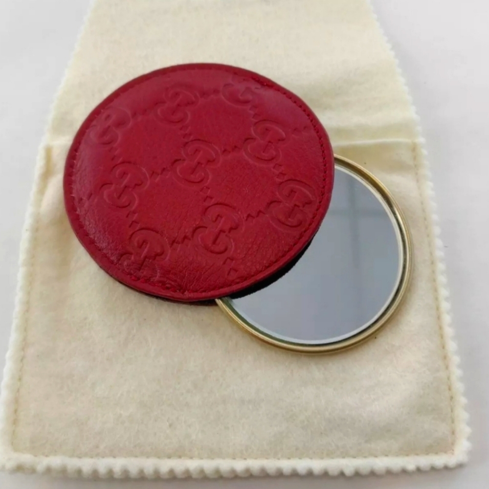 GUCCI Red Leather Round Guccissima GG Sleeve and Mirror, New!